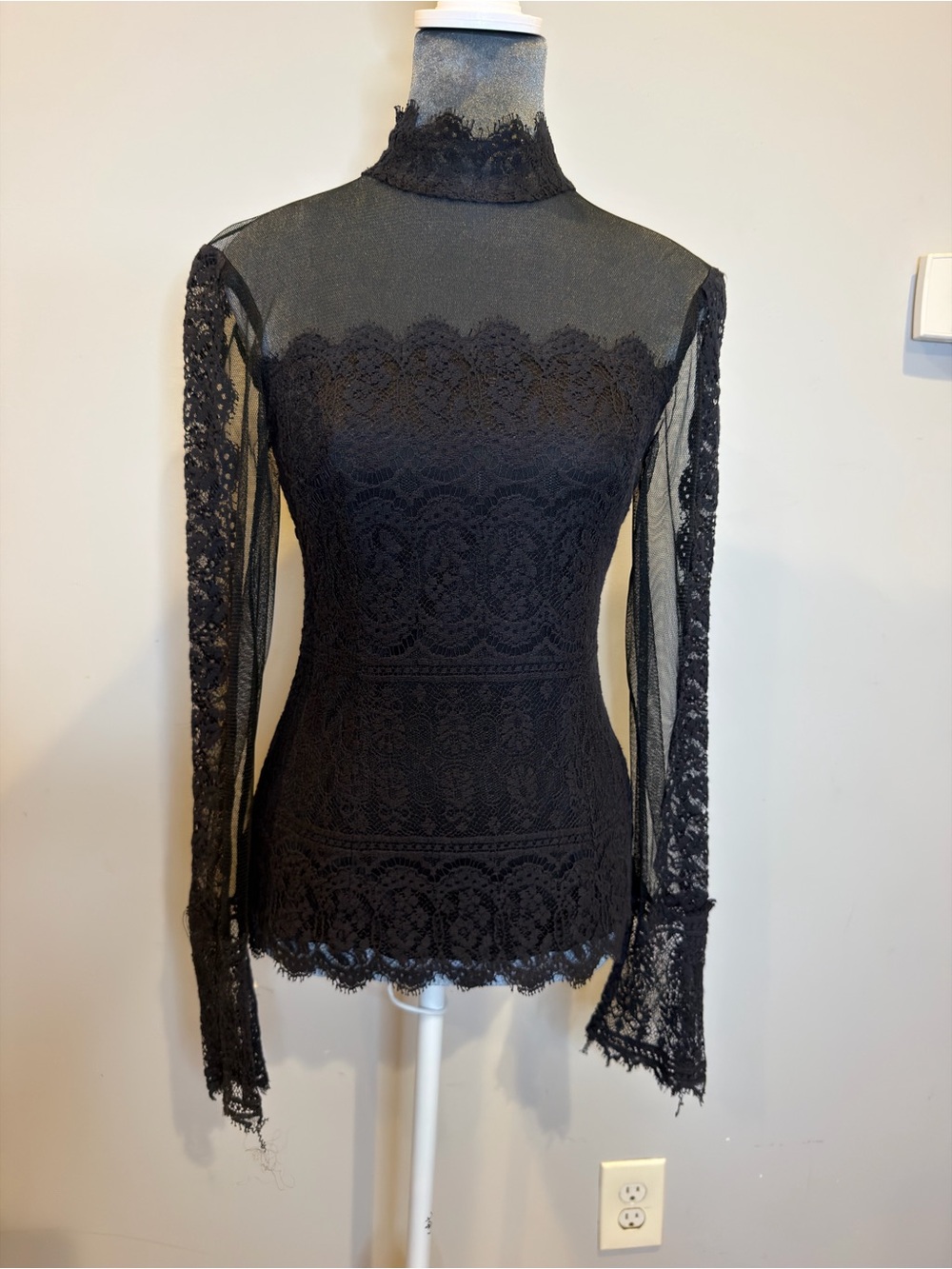JS Collections Black Lace High-Neck Sheer-Sleeve Top